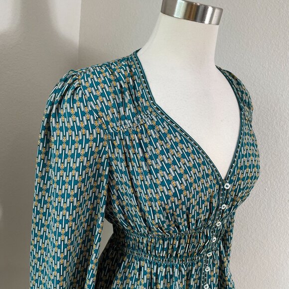Max Studio Womens Small Geometric V Neck Peplum Blouse Teal White Yellow Shirt - Picture 2 of 13